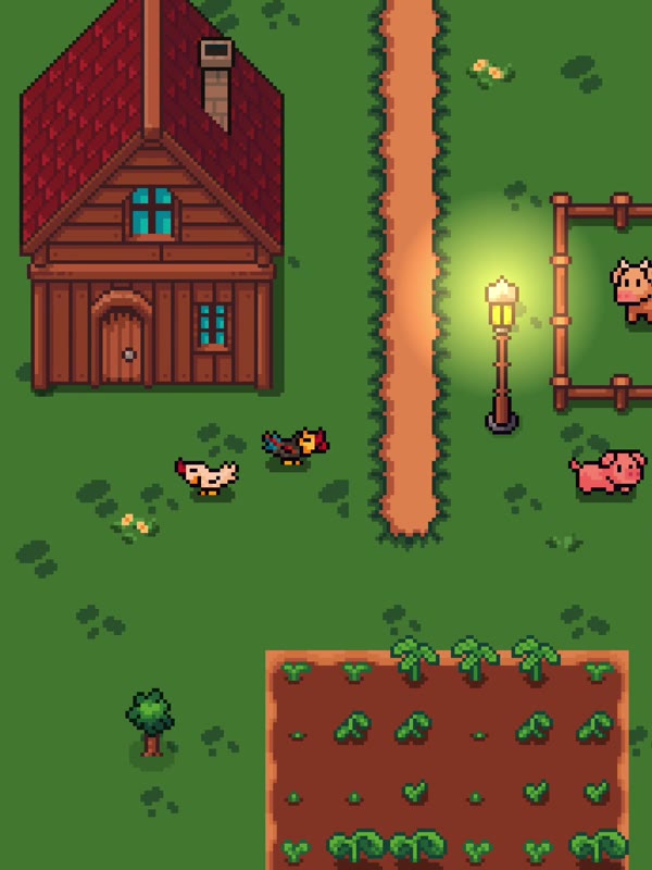 Dusk on the farm: the lamp post is lit and the crops are small sprouts.