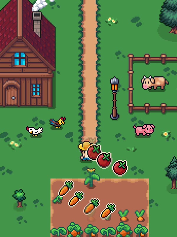 Morning: the villager carries tomatoes from the field, and carrots pop up out of the soil.
