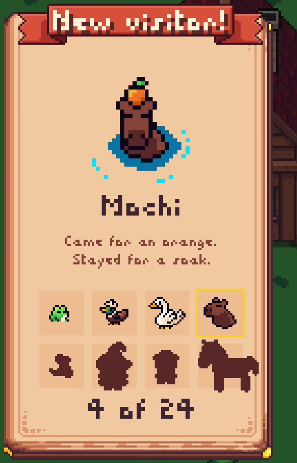 Journal card: New visitor! Mochi. Came for an orange. Stayed for a soak. 4 of 24.